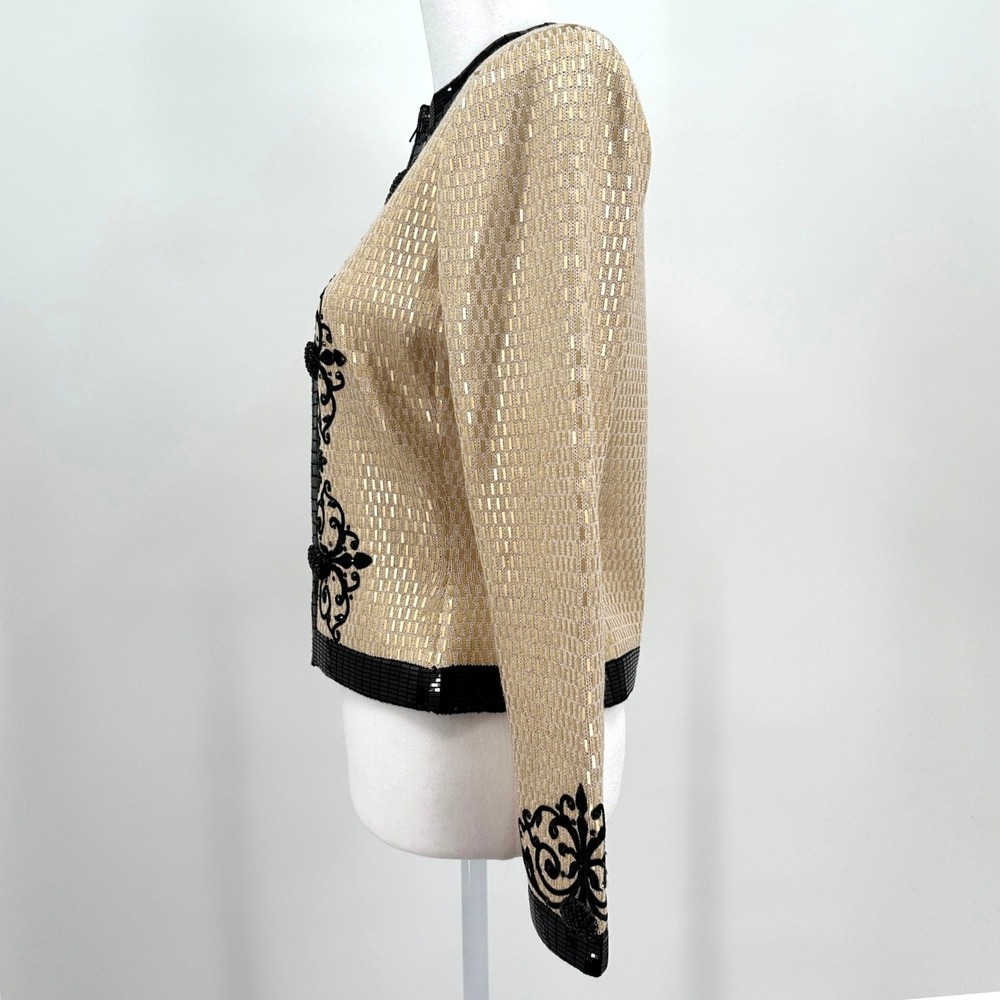St John Evening Marie Gray Gold Black Knit Sequin Embroidered Jacket Beaded US 4 - Picture 3 of 13